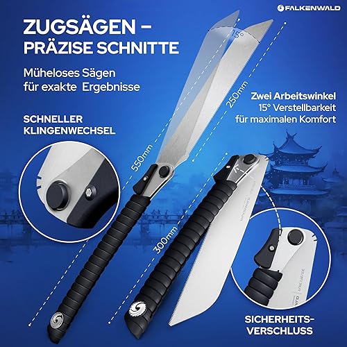 Falkenwald Japansäge klappbar - Holzsäge + 2x Sägeblatt 7TPI, 17TPI + Tasche - Ideal für die Bearbeitung von Holz - Handsäge für Querschnitt und Längsschnitt - Holzbearbeitungswerkzeuge - Cheap-Us