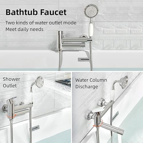 NIUKOMY Badewannenarmatur Vintage, Mischbatterie Badewanne Messing Chrom mit Keramik Handbrause, Wannenarmatur, Duscharmatur mit 90° Drehbar Lang Auslauf - Cheap-Us