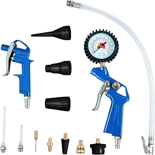 Scheppach Druckluft Zubehör-Set 8-tlg. | für Scheppach Kompressoren | Farbspritzpistole, Reifenfüllmesser, Sprühpistole, Ausblaspistole, Druckluftspriralschlauch - 3 verschiedene Adapter - Cheap-Us