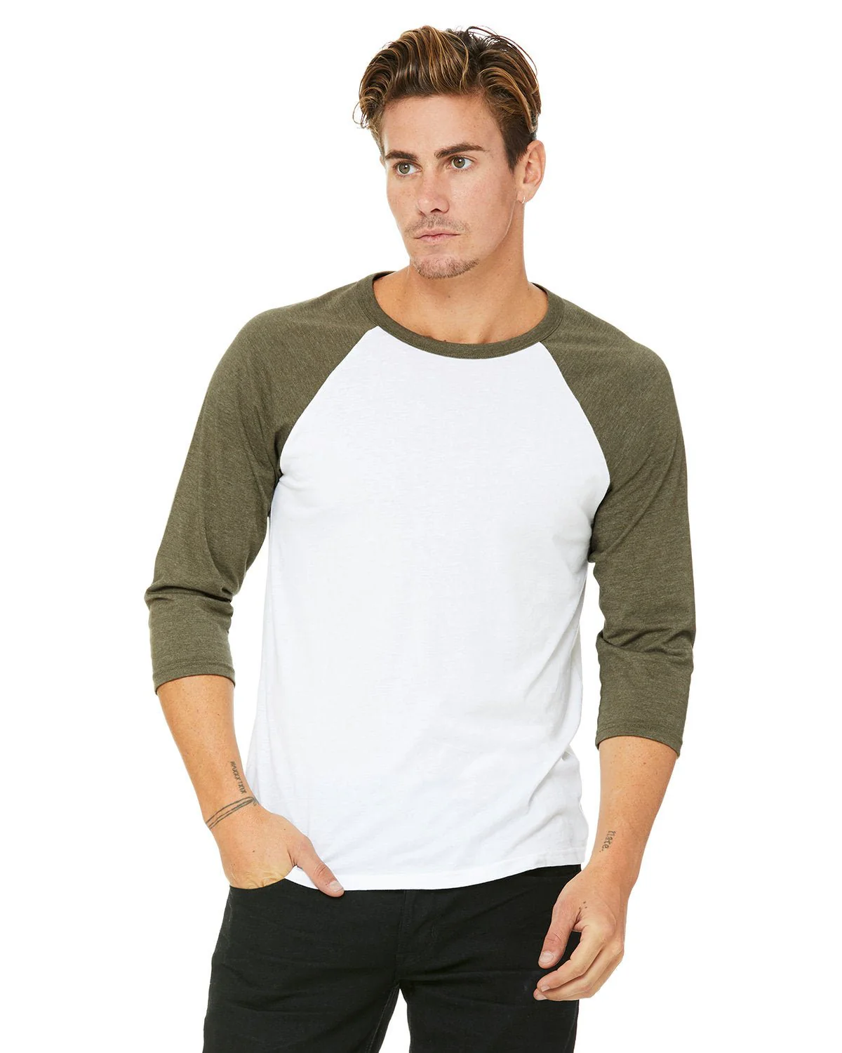 3200-Bella + Canvas-WHT/ HTHR OLIVE - Cheap-Us