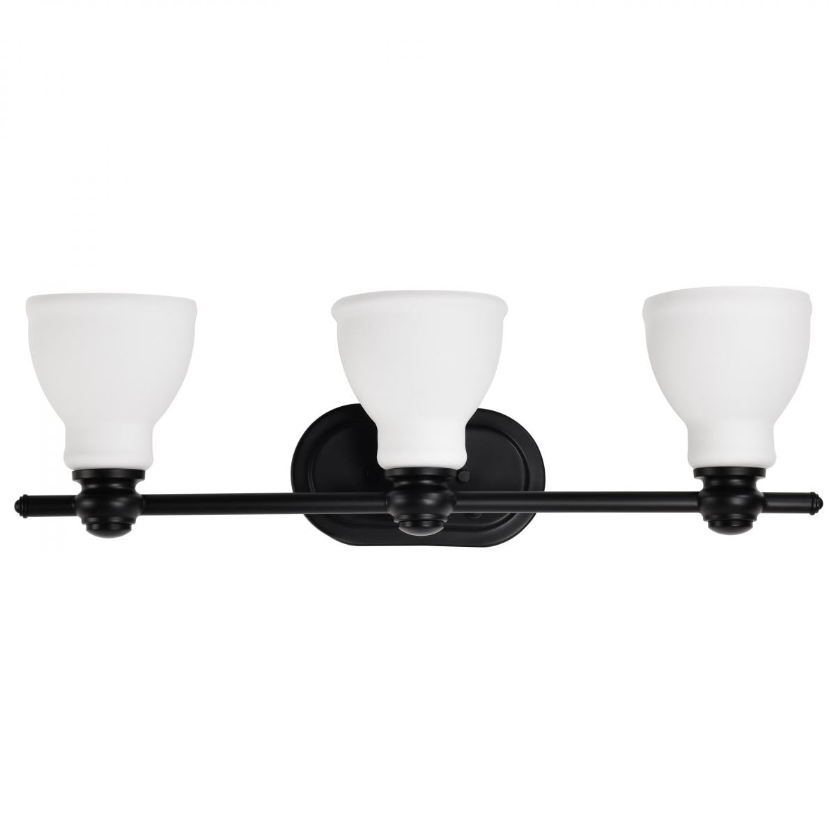 60-8023 RUSSEL 3 LIGHT VANITY Russel; 3 Light Vanity; Matte Black with Satin White Glass - Cheap-Us