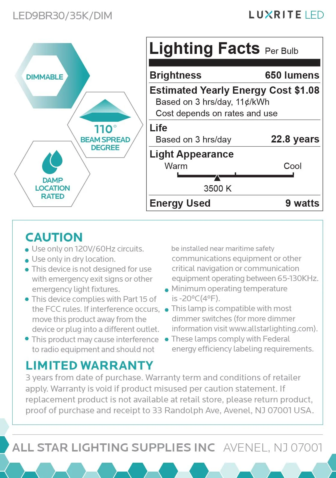 Luxrite LED BR30 Reflector Light Bulb, 9W, 650 Lumens, 3500K - Natural, 80 CRI, Frosted White Finish, Dimmable, Pack of 7 (LR31852) - Cheap-Us