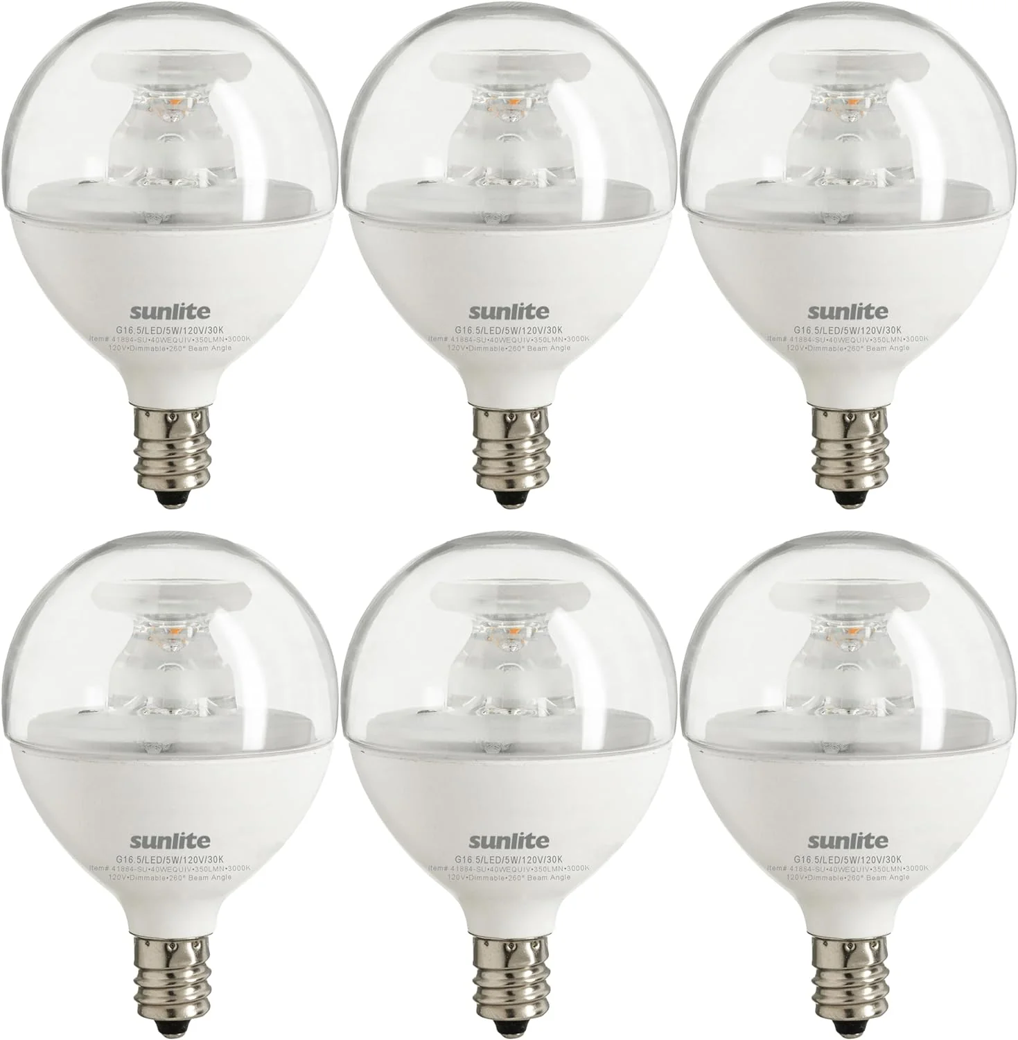 Sunlite LED G16.5 Clear Globe Light Bulb, 5 Watts (40W Equivalent), 350 lumens, Dimmable, Candelabra Base (E12), 120 Volts, ETL Listed, 260 Degree Beam Angle, 3000K Warm White, 6 Pack - Cheap-Us