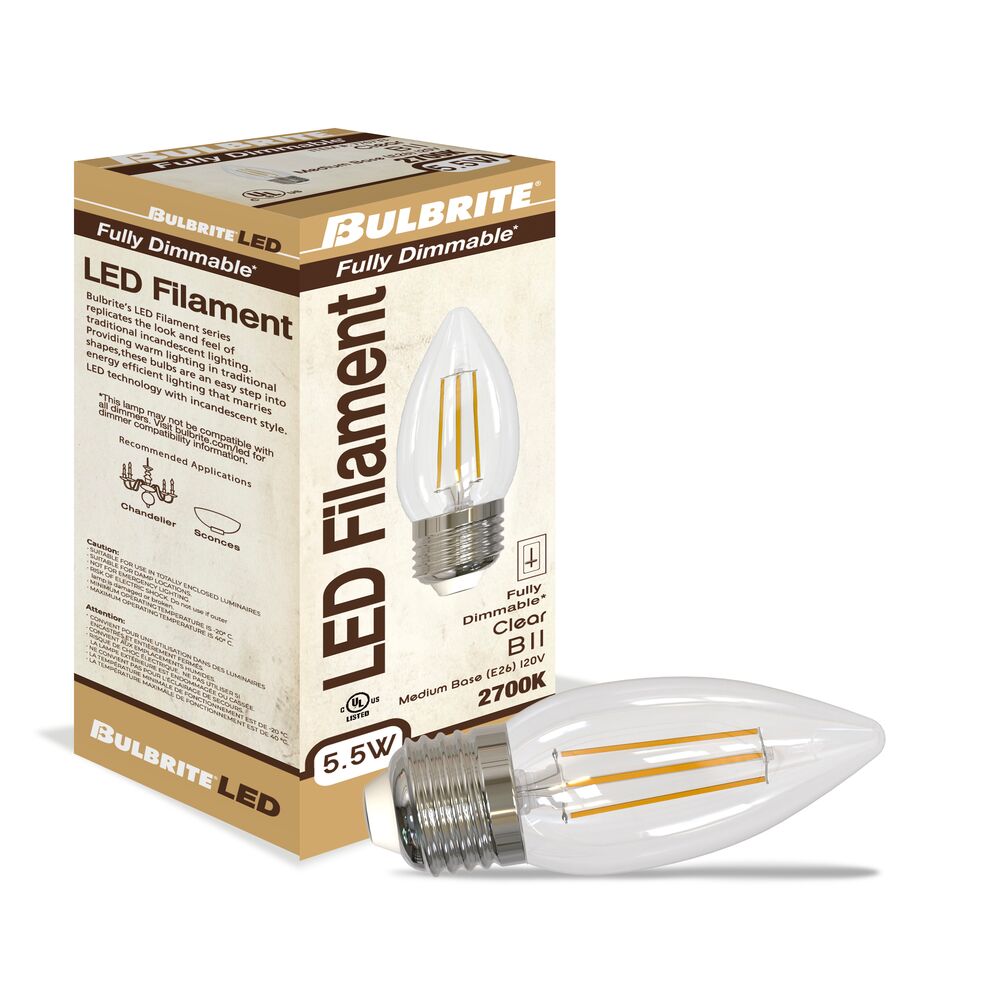 Bulbrite LED Filament Pack of (4) 5.5 Watt Dimmable B11 Light Bulbs with Clear Glass Finish and Medium (E26) Base - 2700K (Warm White Light), 500 Lumens - Cheap-Us