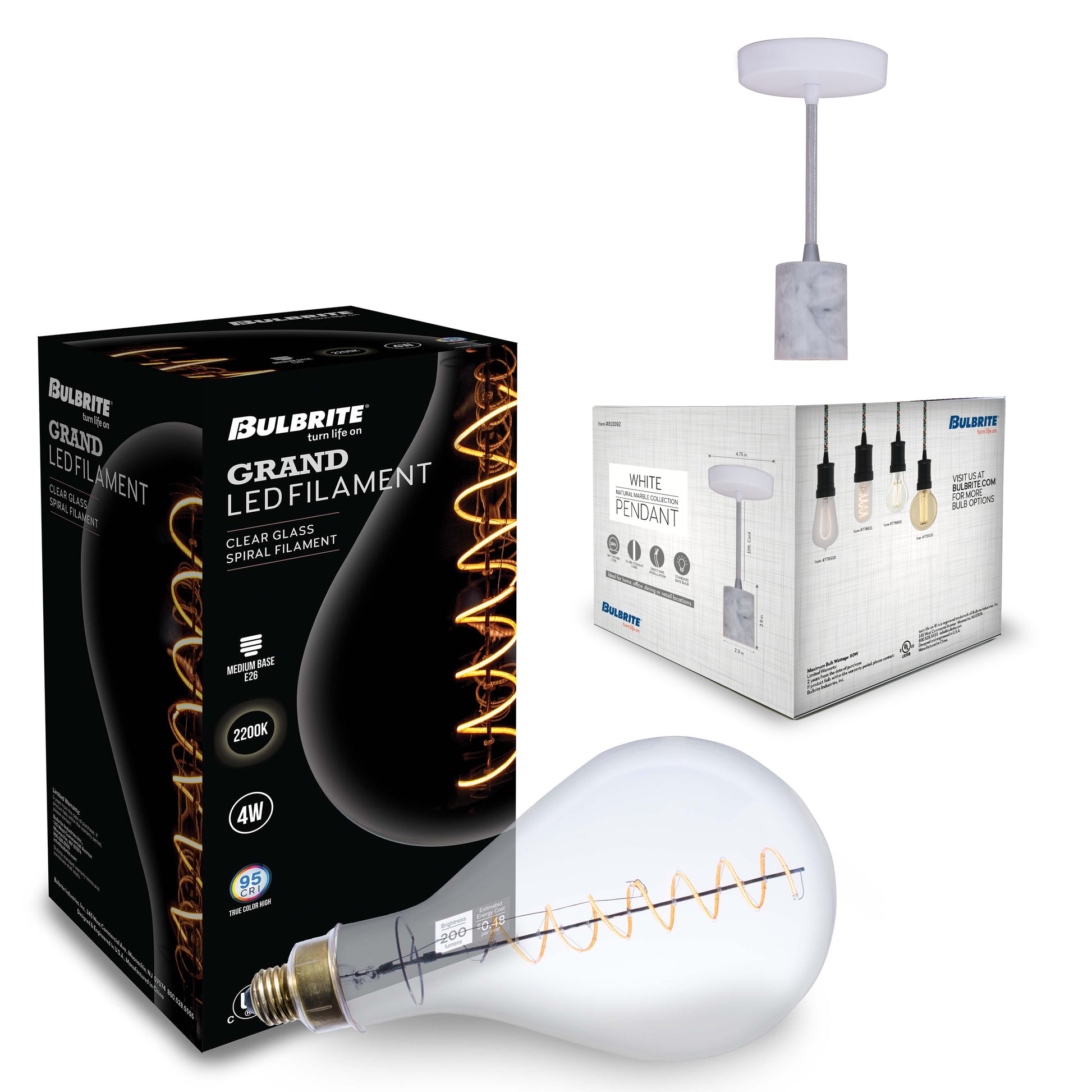 Bulbrite LED Grand Bulb and Pendant Kit of (1) 4 Watt Clear Glass 13