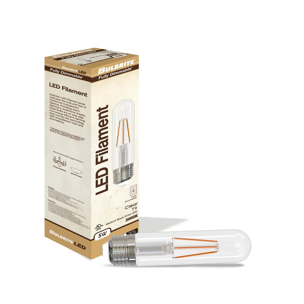 Bulbrite LED Filament Pack of (4) 5 Watt Dimmable 5 Inch T9 Light Bulbs with Clear Glass Finish and Medium (E26) Base - 3000K (Soft White Light), 500 Lumens - Cheap-Us