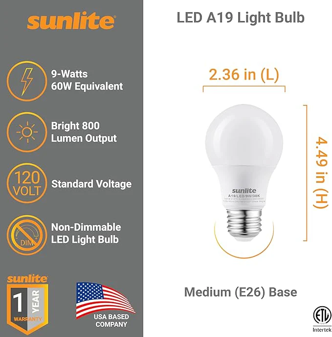 Sunlite A19 Standard LED Light Bulb, 9 Watts (60W Equivalent), 800 Lumens, Bulk 48 Pack, 120 Volts, Non-Dimmable, Medium E26 Base, RoHS, ETL Listed, 3000K Warm White - Cheap-Us