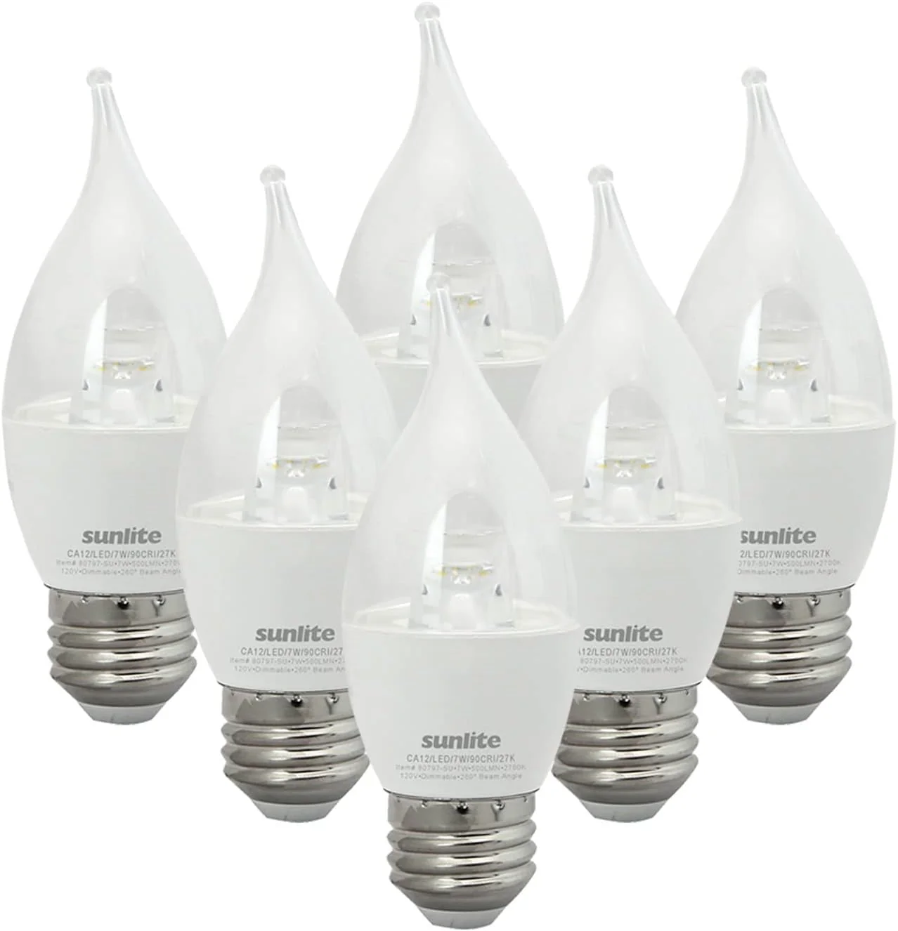 Sunlite 80797 LED CA12 Clear Chandelier Light Bulb, 7 Watts (60W Equivalent), 500 Lumens, Dimmable, Medium E26 Base, Title-20 Compliant, Energy Star, 90 CRI, ETL Listed, 2700K Soft White - 6 Pack - Cheap-Us