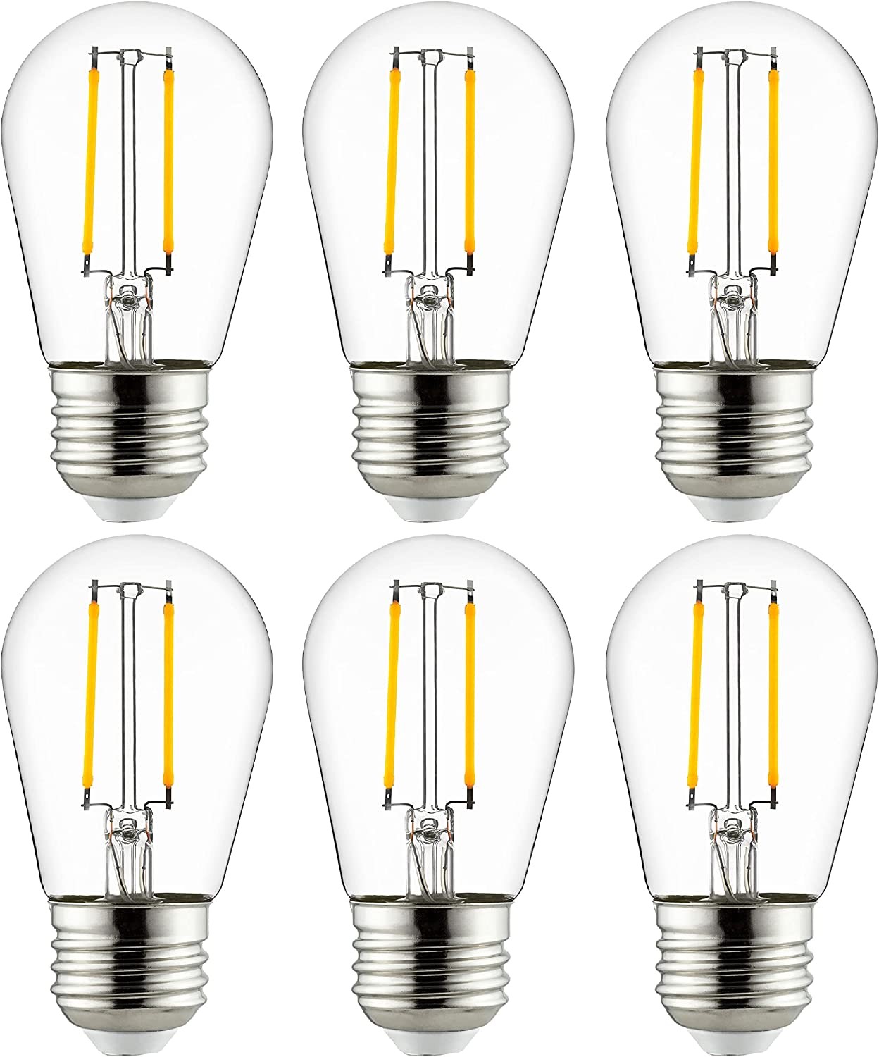 LED S14 Filament Style String Light Bulb, UL Listed, 2 Watts (25W Equivalent), 200 Lumens, Medium Base (E26), Dimmable, Clear Glass, 2200K Amber, 6 Count - Cheap-Us
