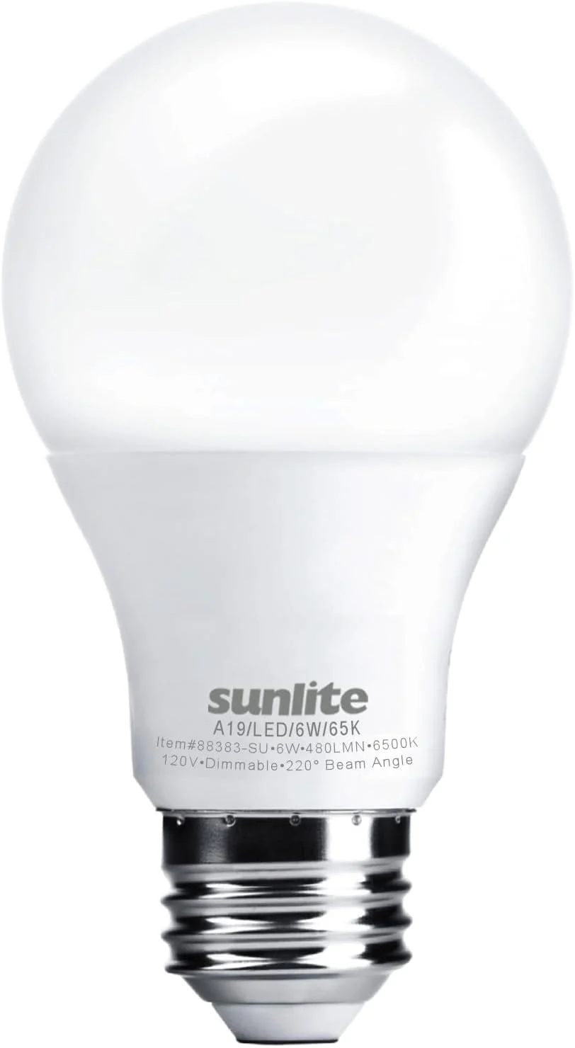 Sunlite LED A19 Light Bulb, 6 Watts (40 Watt Equivalent), 480 Lumens, 120 Volts, Dimmable, Medium E26 Base, Energy Star, UL Listed, RoHS, 6500K Daylight, 1 Pack - Cheap-Us