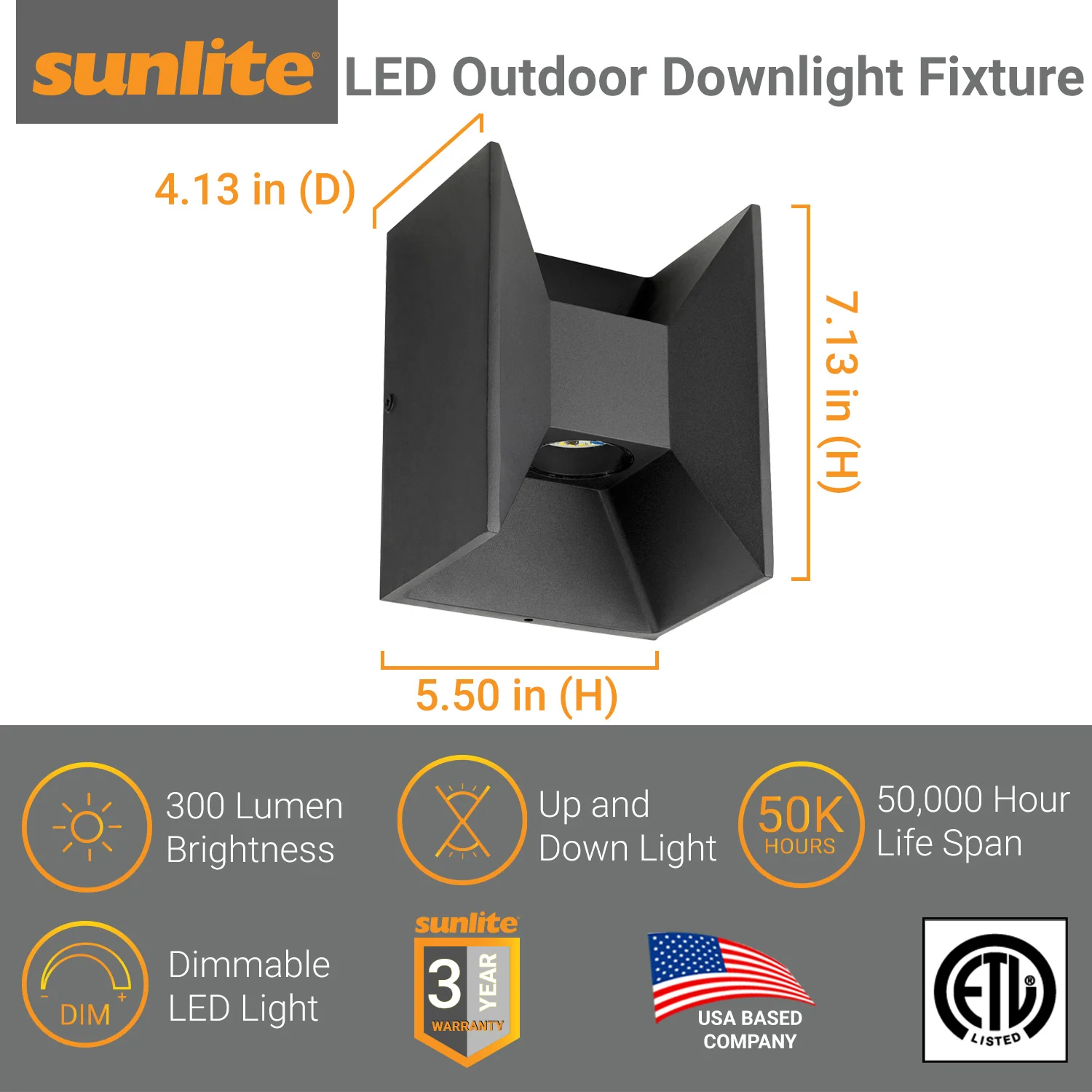 Sunlite LED Outdoor Wallwasher Fixture, Up and Down Light, 6 Watts, 120 Volts, Dimmable, 300 Lumens, Matte Black Finish with Clear Glass Lens, 50,000 Hour Life Span, ETL Listed, For Residential and Commercial Installations, 3000K Warm White - Cheap-Us