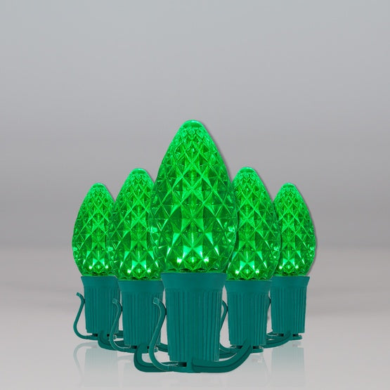 25 Light LED C7 Light Set Green Bulbs on Green Wire, Approx. 16'6