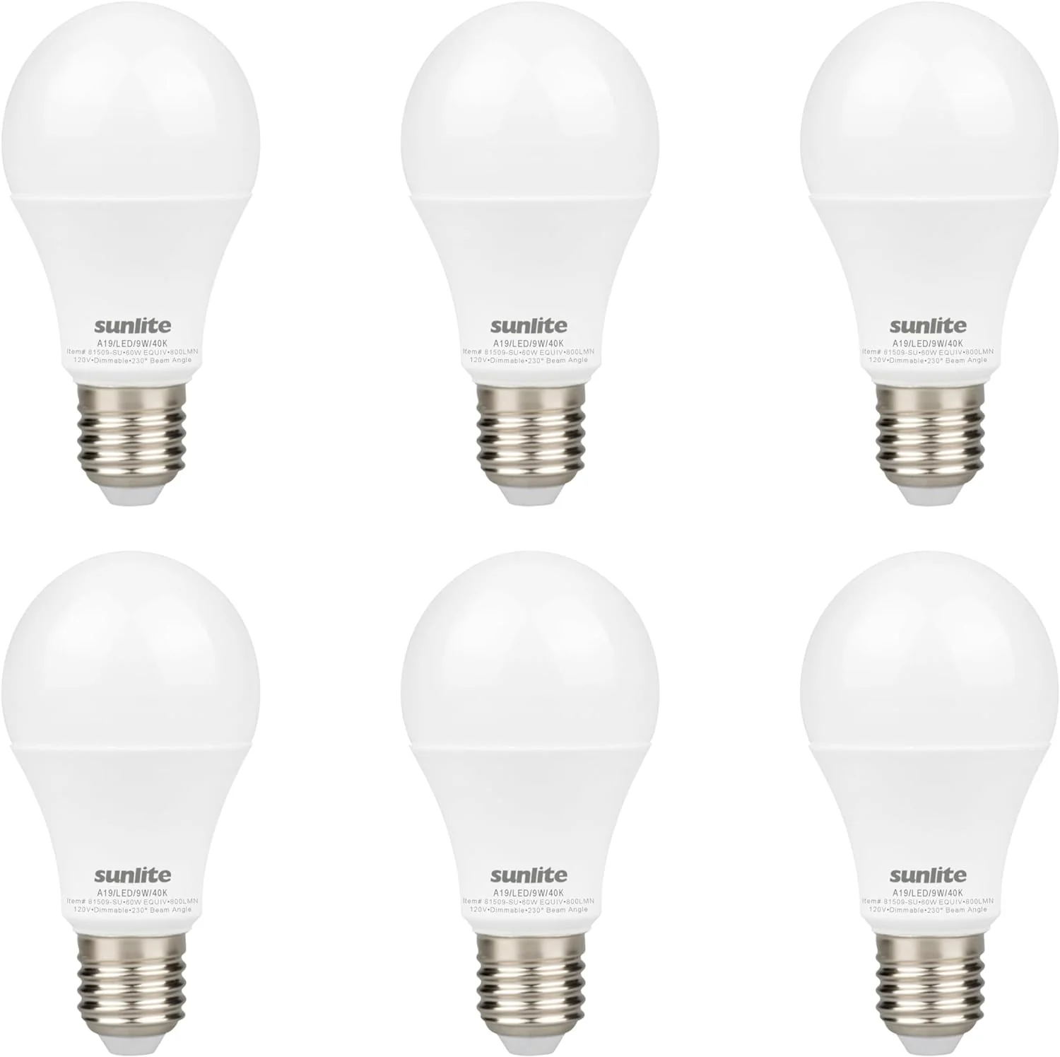 Sunlite LED A19 Light Bulb, 9 Watts (60W Equivalent), 800 Lumens, 120V, Dimmable, Medium E26 Base, Energy Star, 90 CRI, 230 Degree Beam Angle, UL Listed, Title-20 Compliant, 4000K Cool White, 6 Pack - Cheap-Us