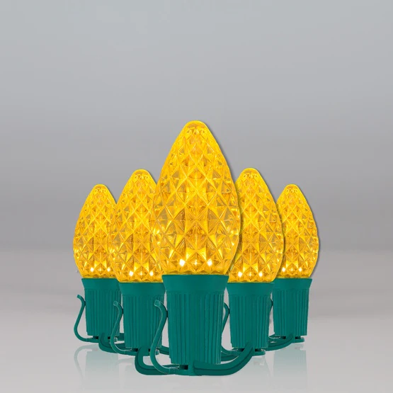 25 Light LED C7 Light Set Yellow Bulbs on Green Wire, Approx. 16'6