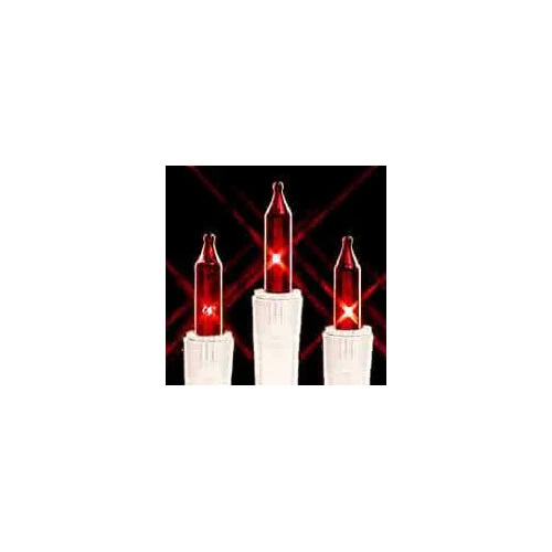 Transparent Red Christmas Tree Mini Lights, 100 Lights, T1 3/4 Shaped, 21 Foot, White Wire, Steady Burning and Flashing - Cheap-Us
