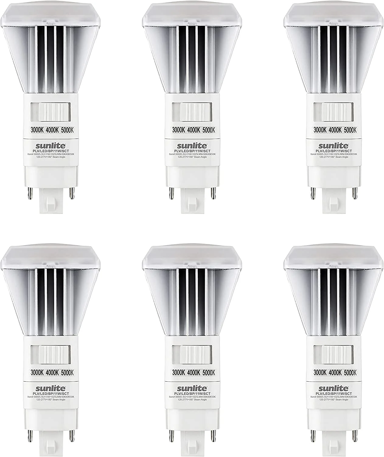 Sunlite 88805 LED CCT PLV Recessed Plug & Play Light Bulb, 11 Watt 18W Fluorescent Replacement 1025 Lumens, G24q 4 Pin Base Vertical, Electronic Ballast Compatible, 3000K -5000K Tunable Switch, Pack of 6 - Cheap-Us