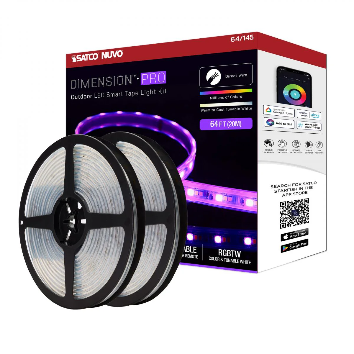 64-145 TAPE/RGBTW-HO/IP65/JBOX/SF/64' Dimension Pro; Tape light strip; 64 ft.; Hi-Output; RGB plus Tunable White; J-Box connection; IP65; Starfish IOT Capable; RF Remote Included - Cheap-Us