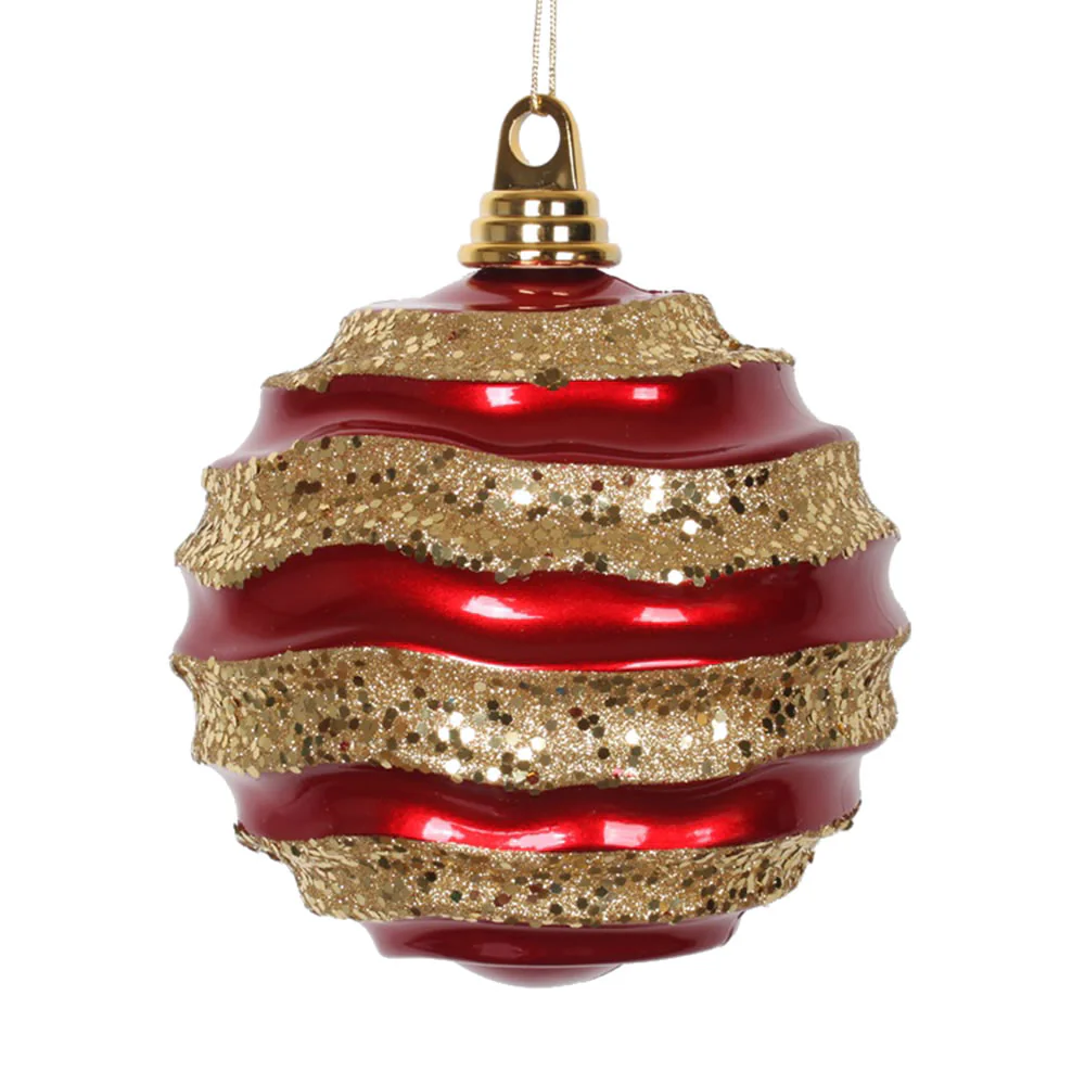 Vickerman 8' Red and Gold Stripe Candy Finish Wave Ball Christmas Ornament with Glitter Accents - Cheap-Us