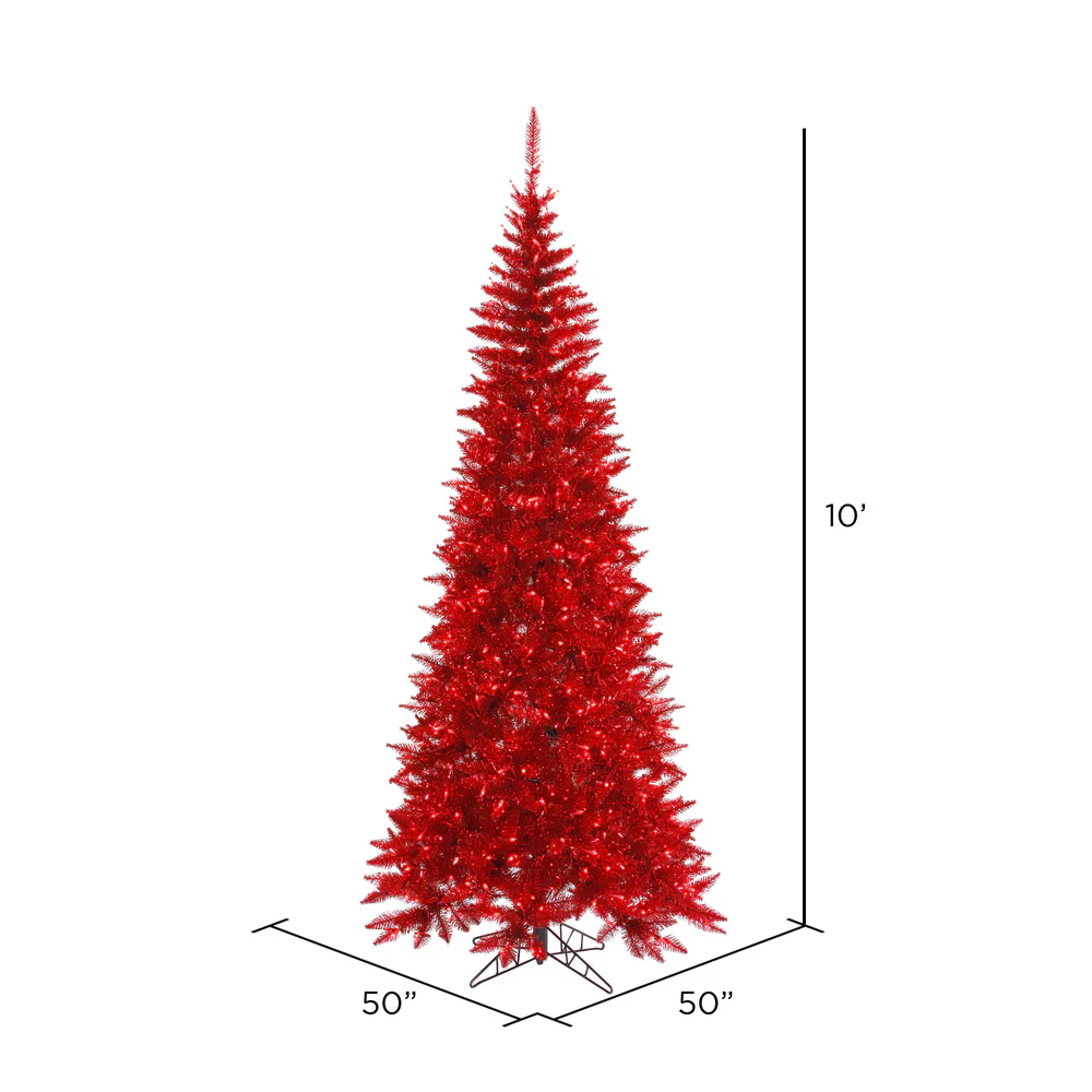 Vickerman 10' Tinsel Red Fir Slim Artificial Christmas Tree Red  Dura-lit LED Lights - Cheap-Us