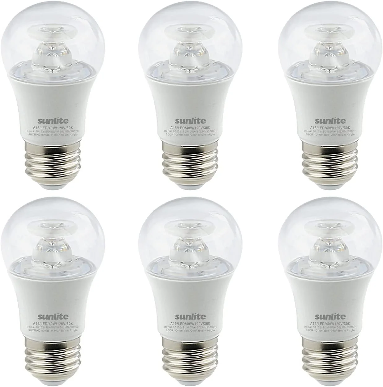 Sunlite LED A15 Appliance Clear Light Bulb, 6 Watts (40W Equivalent), 450 Lumens, Medium Base (E26), 90 CRI, Dimmable, ETL Listed, Ceiling Fan, 3000K Warm White, 6 Count - Cheap-Us