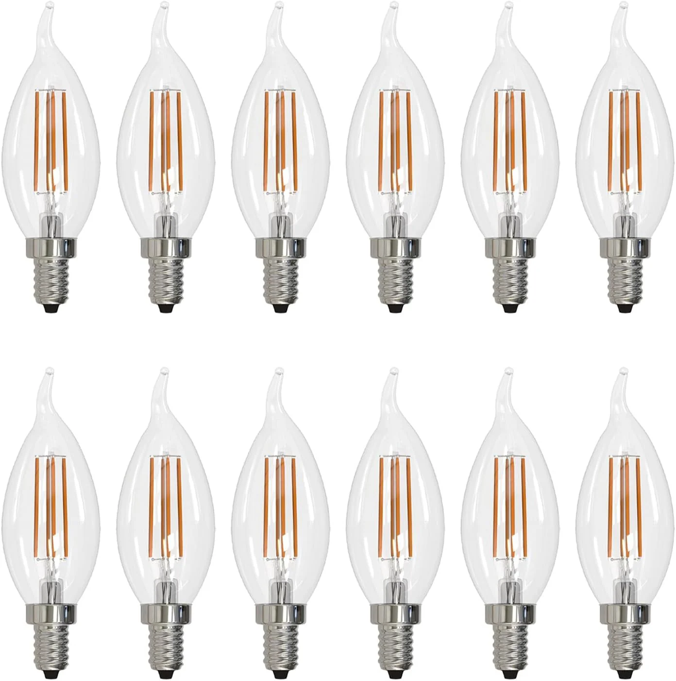 Sunlite LED Filament CA11 Flame Tip Chandelier Light Bulb, 5.5 Watts (60W=), 600 Lumens, Candelabra Base (E12), Edison Style, 90 CRI, Dimmable, UL Listed, 3000K Warm White, 12 Count - Cheap-Us
