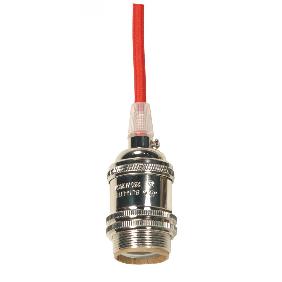 80-2379 KEYLESS POL NICKEL CAST SKT Medium base lampholder; 4pc. Solid brass; prewired; Uno ring; 10ft. 18/2 SVT Red Cord; Polished Nickel finish - Cheap-Us