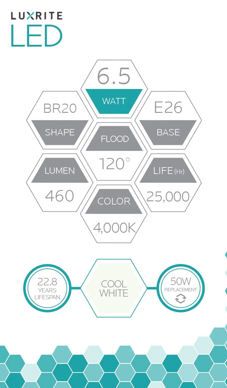 Luxrite LED BR20 Light Bulb, 6.5W, 460 Lumens, 4000K - Cool White, 80 CRI, Frosted White Finish, Dimmable (LR31843) - Cheap-Us