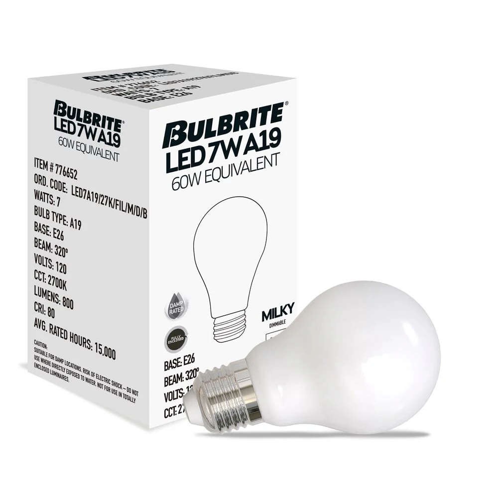 Bulbrite LED Filament Pack of (4) 7 Watt Dimmable A19 Light Bulbs with Milky Finish and Medium (E26) Base - 2700K (Warm White Light), 800 Lumens - Cheap-Us