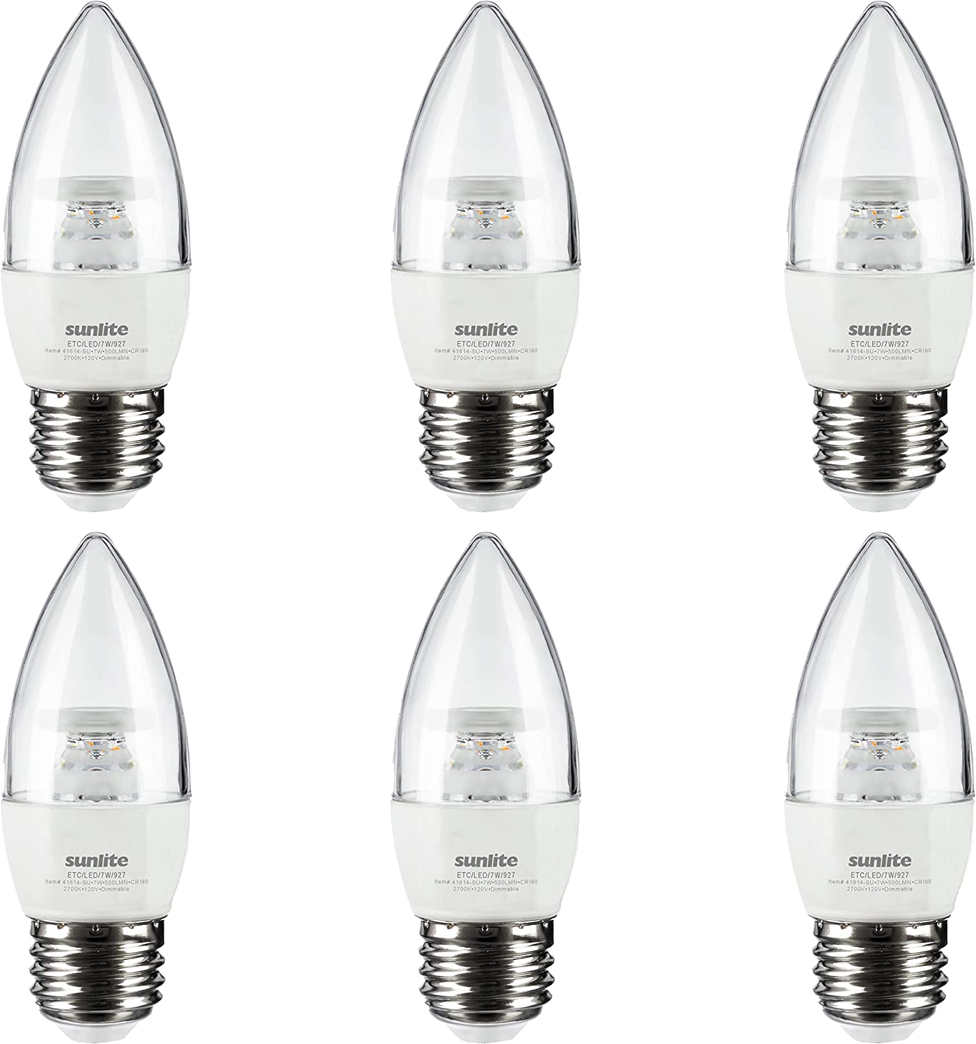 LED Torpedo Tip B10 Clear Chandelier Light Bulb, 7 Watts (60W Equivalent), 500 Lumens, Medium Base (E26), 90 CRI, Dimmable, Energy Star, ETL Listed, 2700K Warm White, 6 Count - Cheap-Us