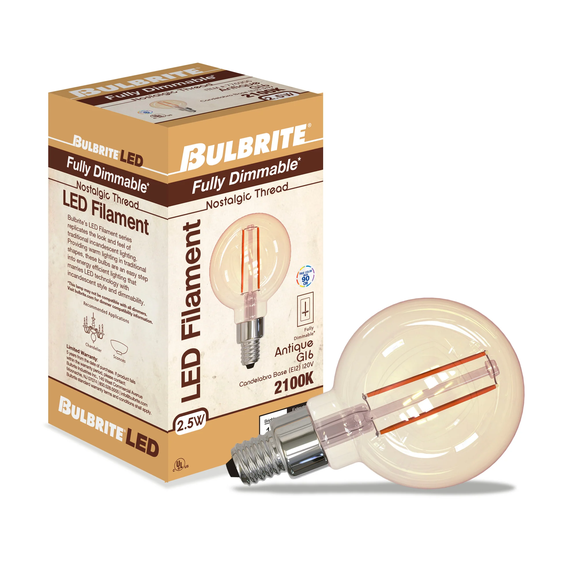 BULBRITE 2.5W LED G16 2100K FILAMENT NOSTALGIC E12 FULLY COMPATIBLE DIMMING-4PK - Cheap-Us