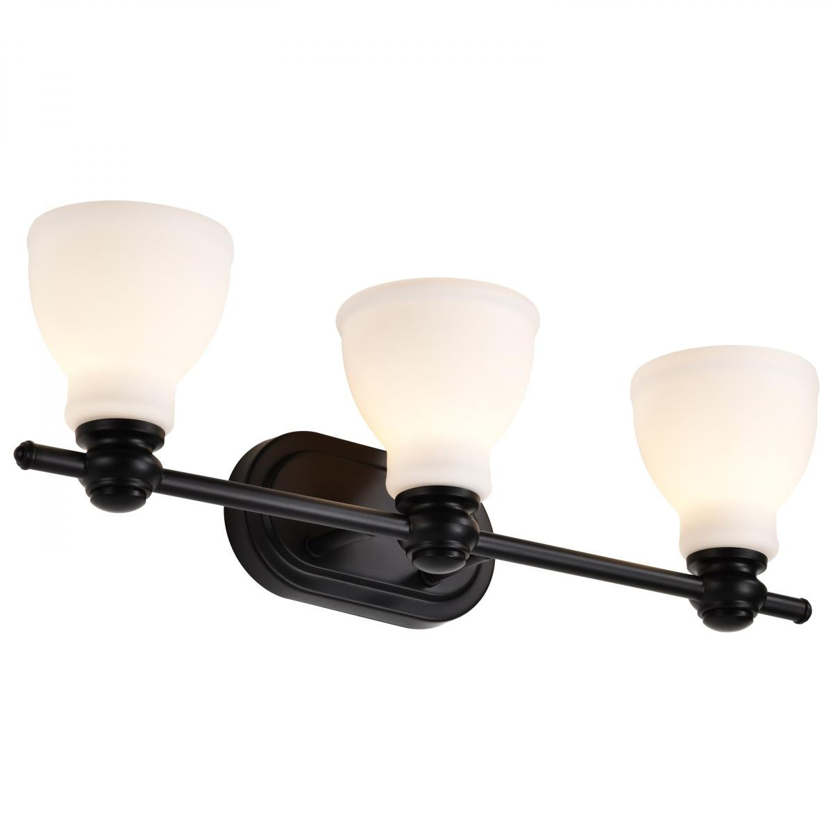 60-8023 RUSSEL 3 LIGHT VANITY Russel; 3 Light Vanity; Matte Black with Satin White Glass - Cheap-Us