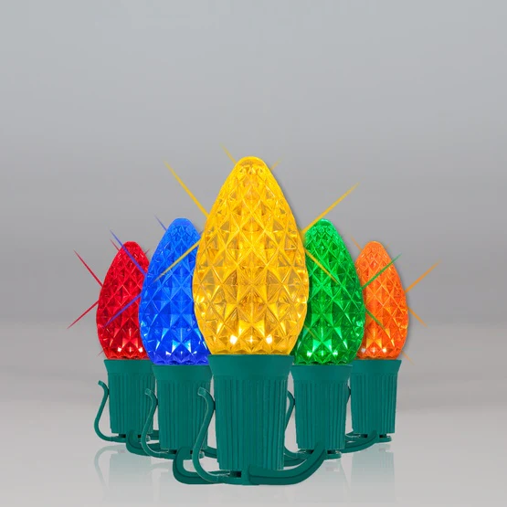 25 Light LED C7 Light Set Multi Bulbs on Green Wire, Approx. 16'6