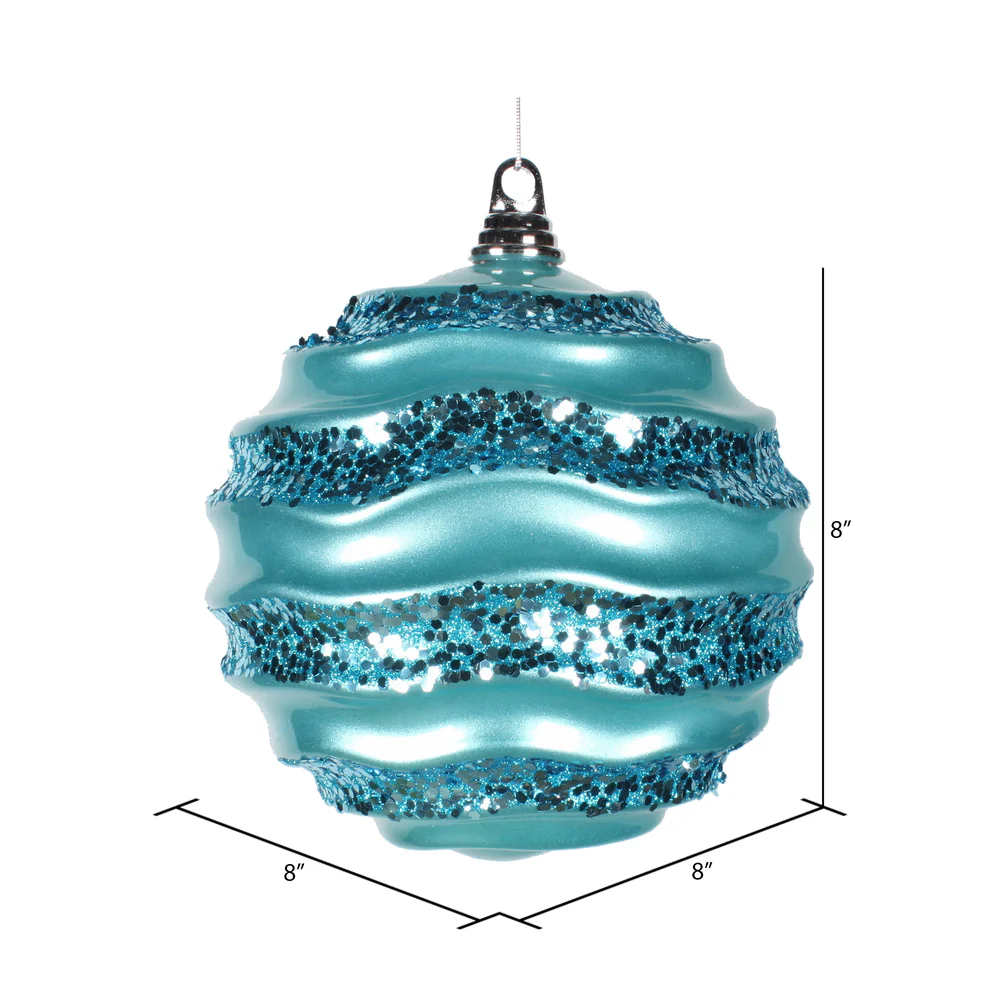 Vickerman 8' Turquoise Stripe Candy Finish Wave Ball Christmas Ornament with Glitter Accents - Cheap-Us
