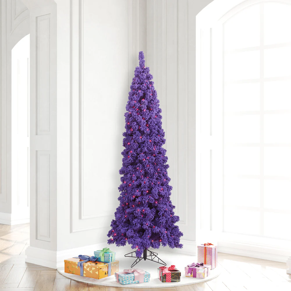 Vickerman 6.5' Flocked Purple Pencil Fir Artificial Christmas Tree Purple Dura-lit LED Lights - Cheap-Us
