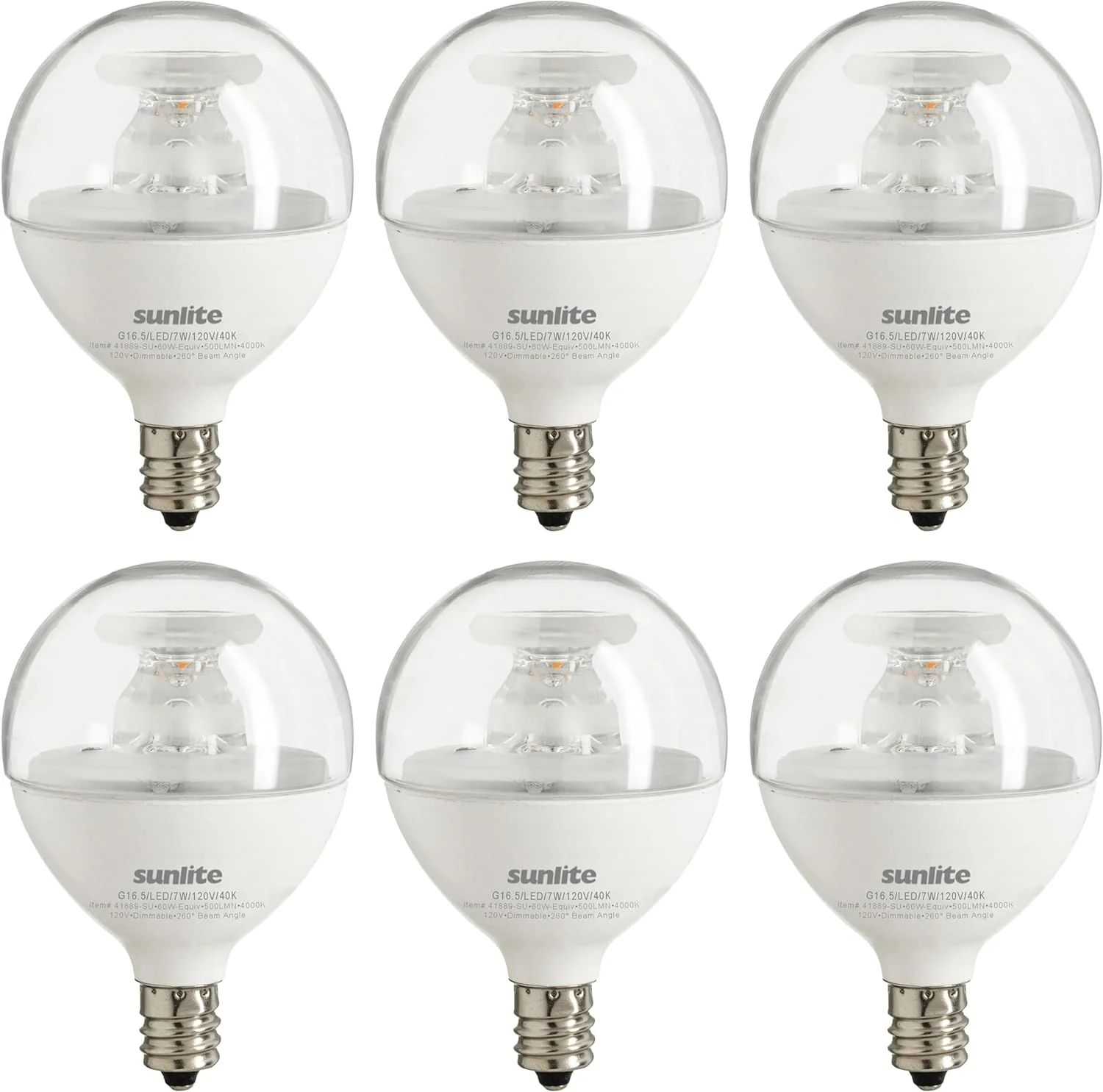Sunlite LED G16.5 Clear Globe Light Bulb, 7 Watts (60W Equivalent), 500 lumens, Dimmable, Candelabra Base (E12), 120 Volts, ETL Listed, 260 Degree Beam Angle, 4000K Cool White, 6 Pack - Cheap-Us