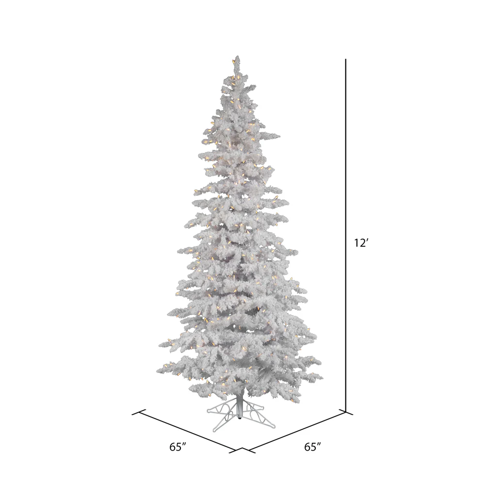 Vickerman 12' Flocked White Slim Artificial Christmas Tree Pure White LED Lights - Cheap-Us