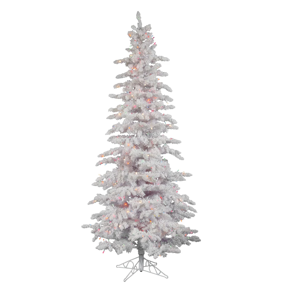 Vickerman 6.5' Flocked White Slim Artificial Christmas Tree Multi-Colored LED Lights - Cheap-Us