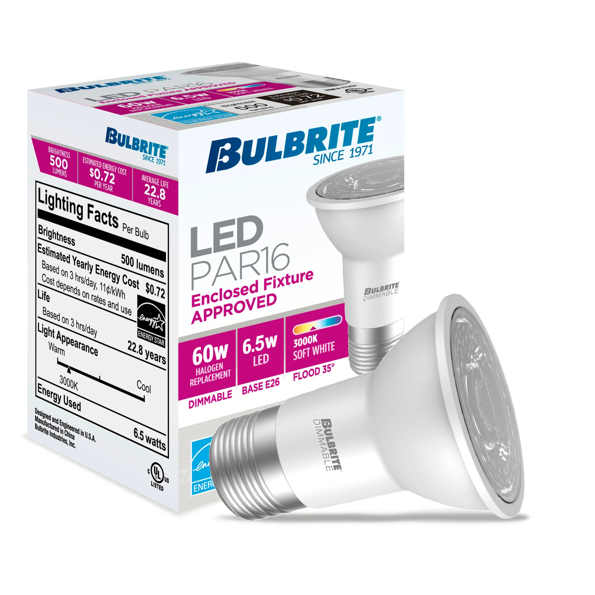 BULBRITE 6.5W LED PAR16 3000K FLOOD DIMMABLE 80CRI 120V-4PK - Cheap-Us