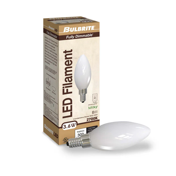 BULBRITE LED B11 CANDELABRA SCREW (E12) 4.5W DIMMABLE FILAMENT LIGHT BULB 2700K/WARM WHITE 40W INCANDESCENT EQUIVALENT 4PK (776672) - Cheap-Us