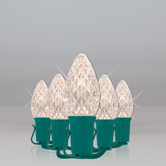 25 Light LED C7 Light Set Warm White Bulbs on Green Wire, Approx. 16'6