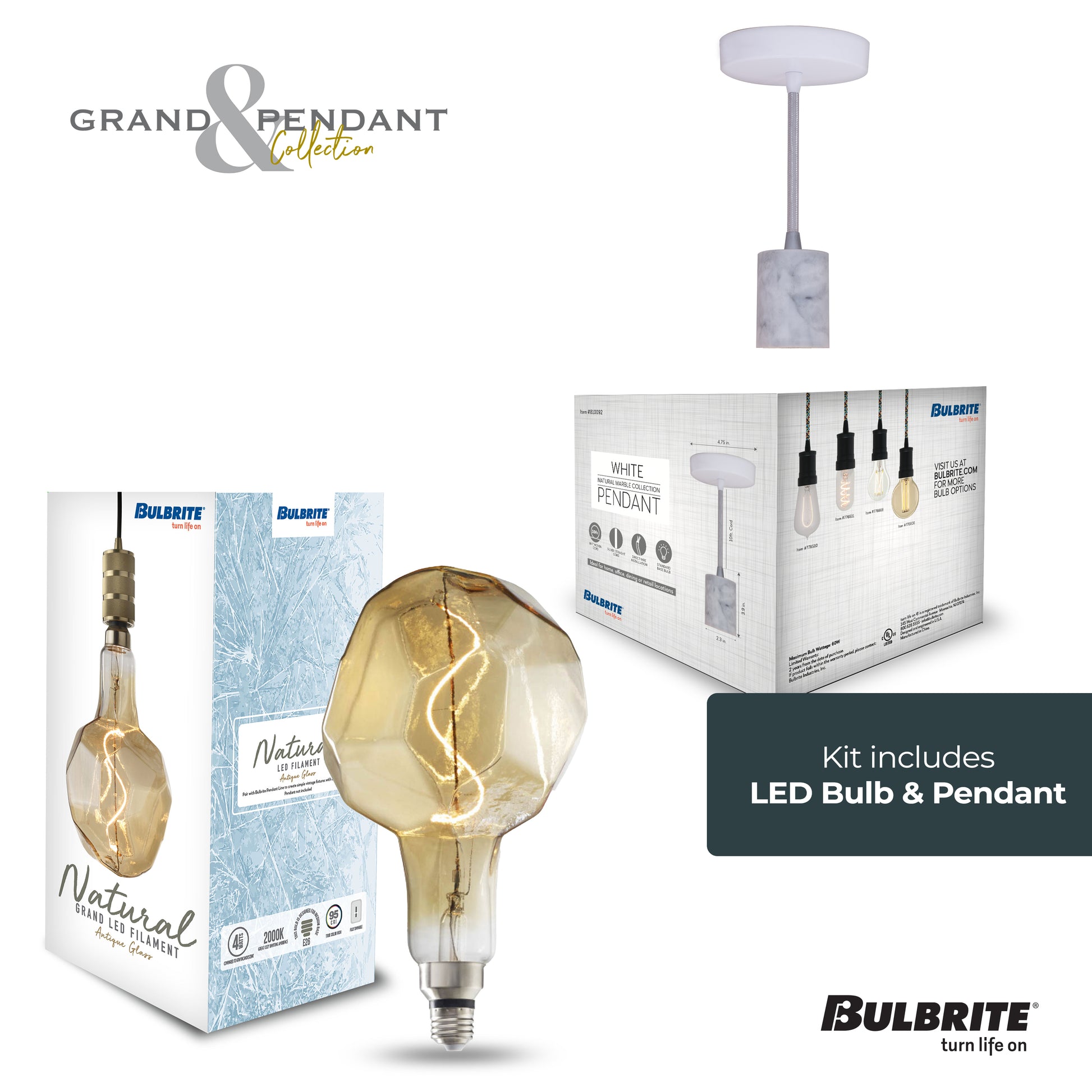 Bulbrite LED Grand Bulb and Pendant Kit of (1) 4 Watt Antique Glass 12