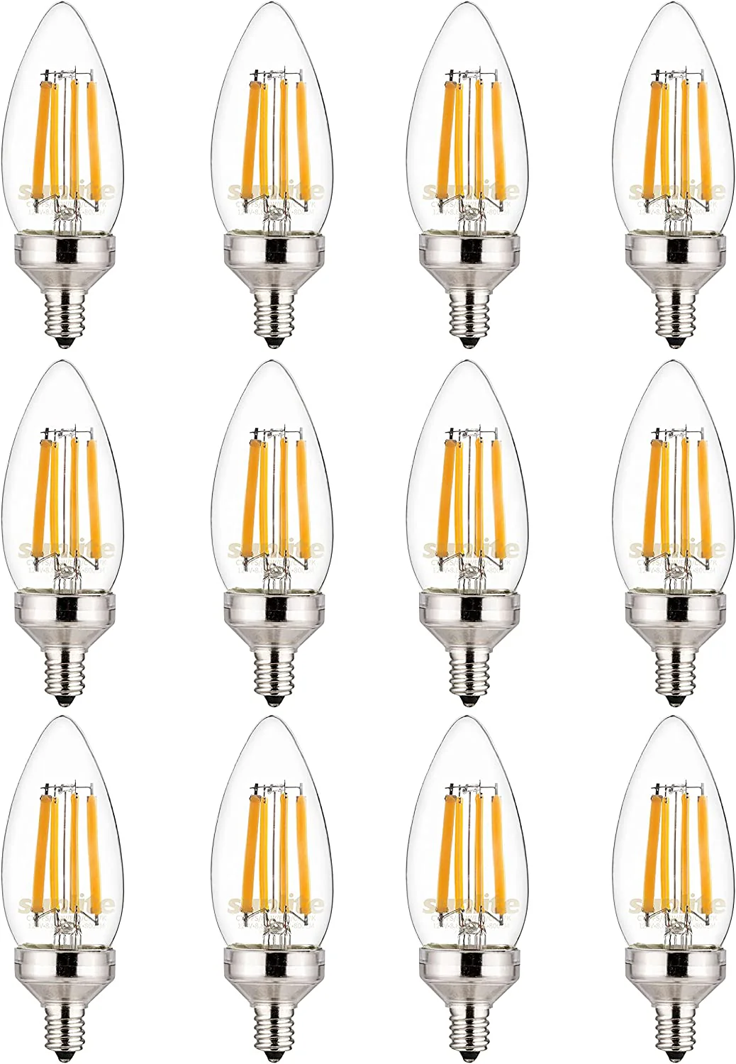 Sunlite 81337 LED Edison B11 Torpedo Tip Chandelier Light Bulb, 8.8 Watts (75 W Equivalent), 800 Lumens, Candelabra E12 Base, Dimmable, UL Listed, Title 20 Compliant, 90 CRI, 3000K Warm White, Pack of 12 - Cheap-Us