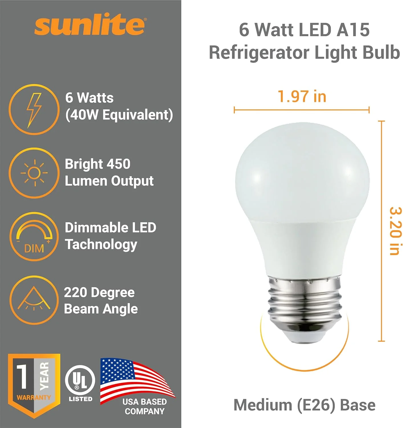 Sunlite 41566-SU LED A15 Refrigerator Light Bulb, 5.5 Watts (40W Equivalent), 450 Lumens, Medium Base (E26), Dimmable, Frosted Finish, UL Listed, Energy Star, 50K -Super White, 6 Pack - Cheap-Us
