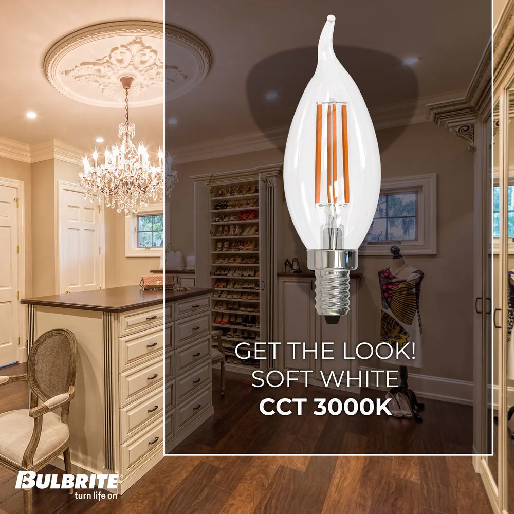 Bulbrite LED Filament Pack of (4) 6.5 Watt Dimmable CA10 Light Bulbs with a Clear Finish and Candelabra (E12) Base - 3000K (Soft White Light), 750 Lumens - Cheap-Us