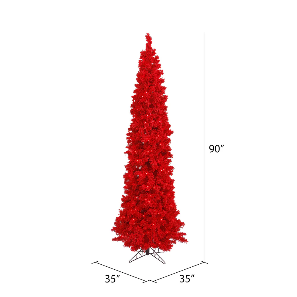 Vickerman 7.5' Flocked Red Pencil Fir Artificial Christmas Tree Red Dura-lit LED Lights - Cheap-Us