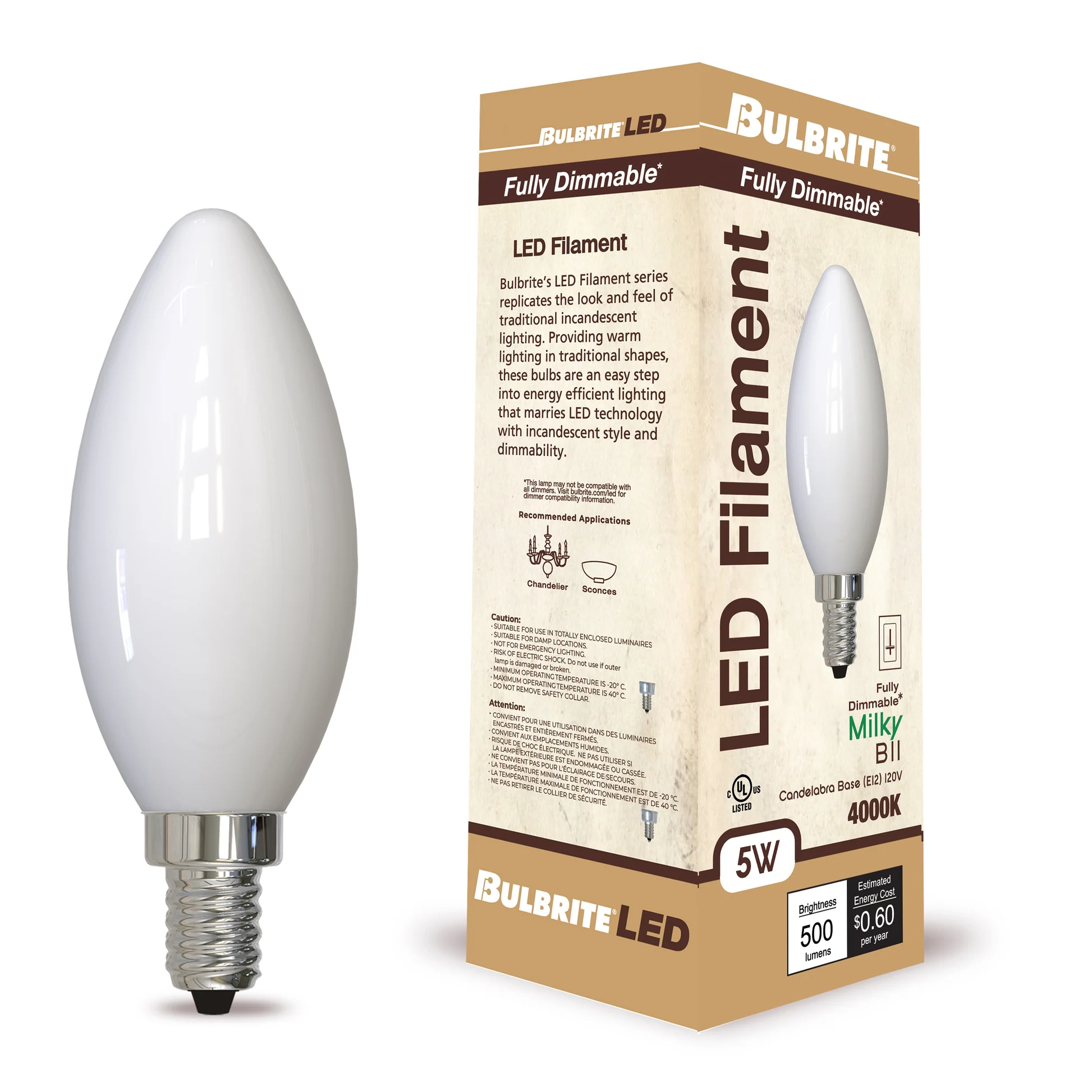 Bulbrite 5W LED LIGHT BULB B11 4000K FILAMENT MILKY FINISH, E12 CANDELABRA BASE, DIMMABLE, 4PK - Cheap-Us