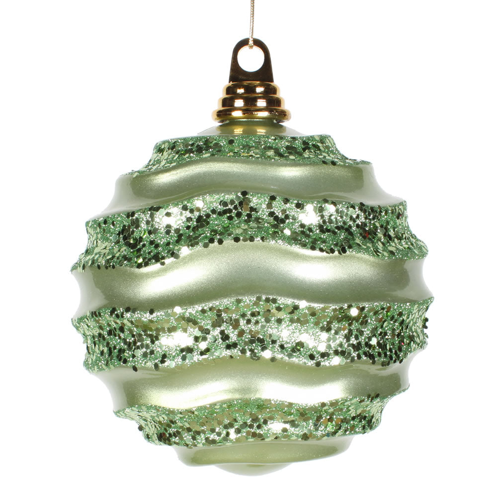 Vickerman 8' Celadon Stripe Candy Finish Wave Ball Christmas Ornament with Glitter Accents - Cheap-Us