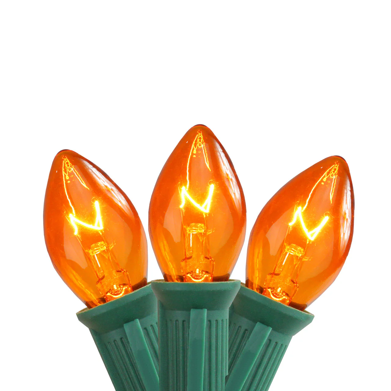 Orange Finish Christmas Light String Set, C7 Shape, 12 Foot, Candelabra Base, Green Wire, 25 String Light with 12
