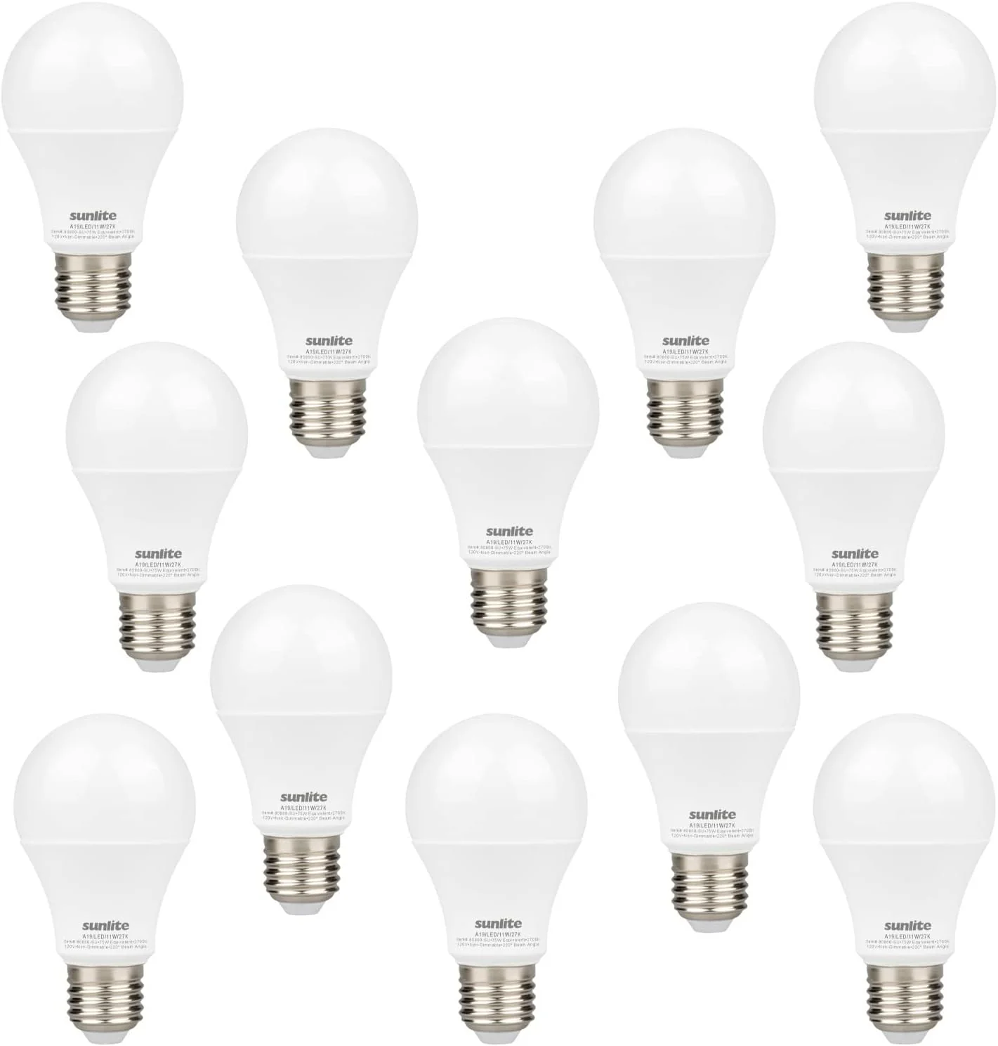 Sunlite LED A19 Light Bulb, Non-Dimmable 11 Watt (75W Equivalent), 1100 Lumens, Medium (E26) Base, UL Listed, 2700K Warm White, 12 Count - Cheap-Us