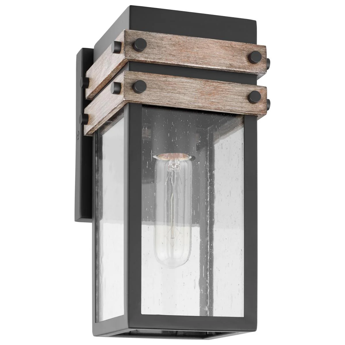 60-7540 HOMESTEAD 1 LT SM WALL LANTERN Homestead; 1 Light; Small Wall Lantern; Matte Black & Wood Finish with Clear Seeded Glass - Cheap-Us
